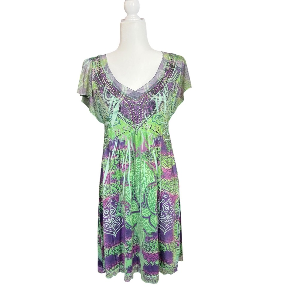 Unity World Wear Dress Women's PM Multicolor Sleeveless V-Neck Stretch Midi BoHo
